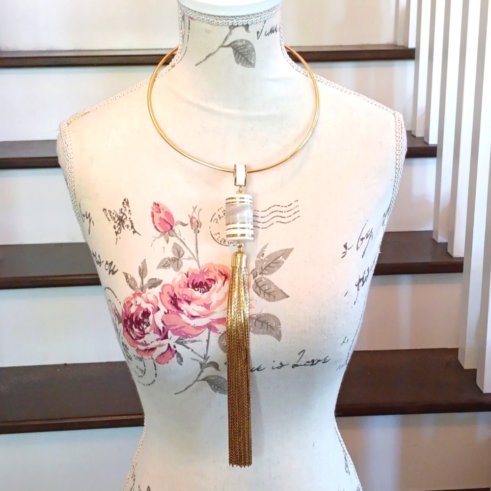 ^ Chico's Gold Tassel Torc Statement Necklace